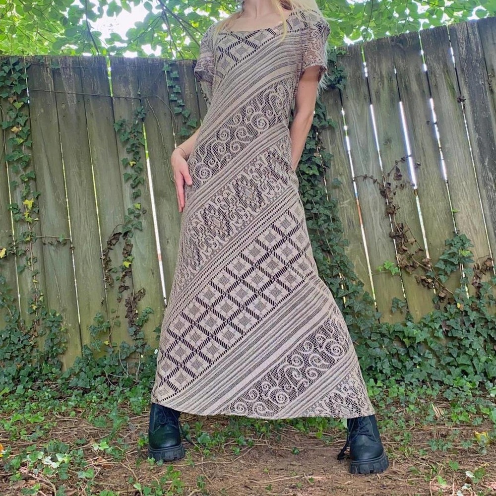 Giorgio Sant'Angelo vintage 1980’s tan crochet lace boho maxi dress